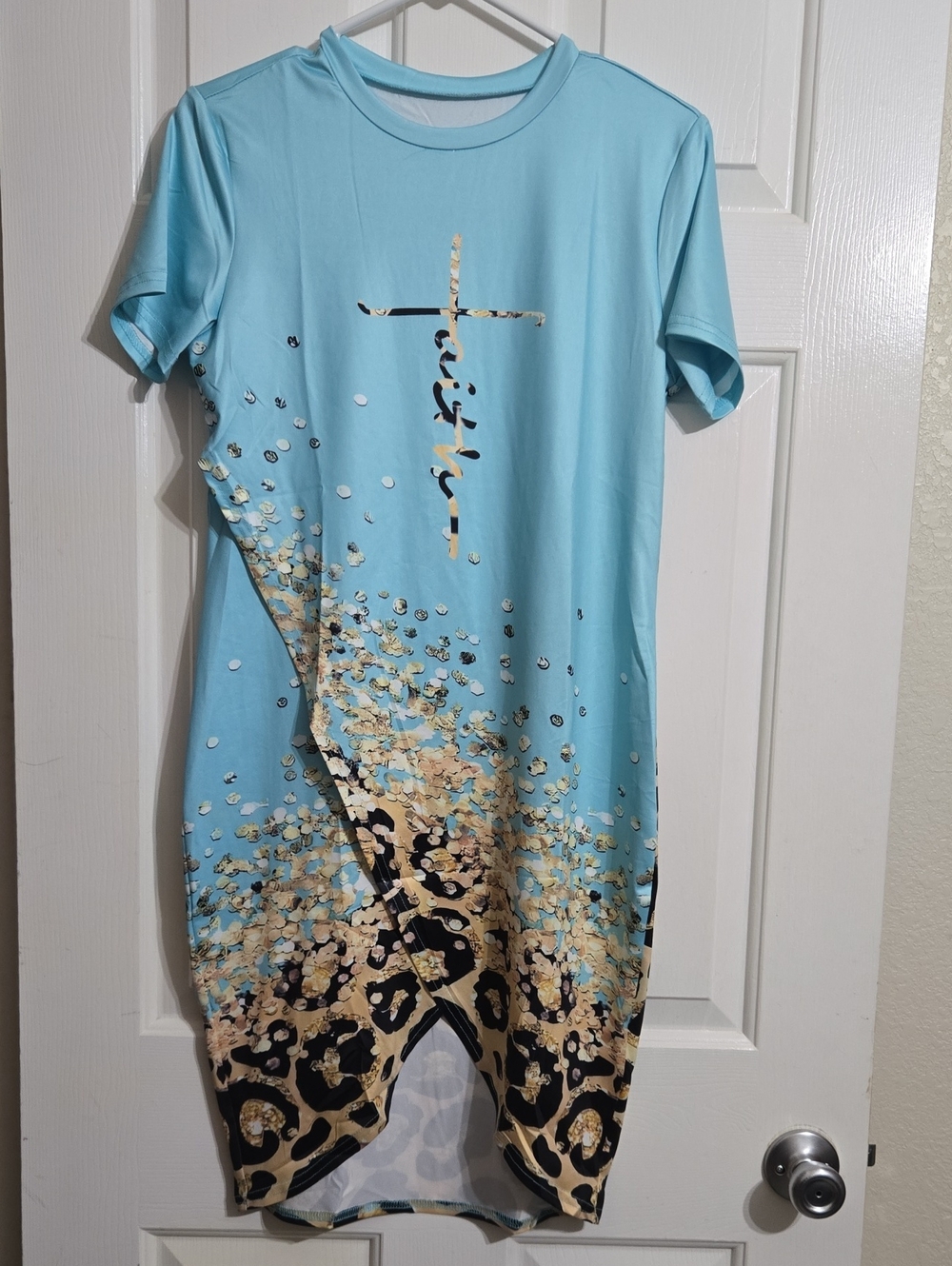 Sky-Blue Short Sleeve Midi Dress with Abstract & Animal Hem